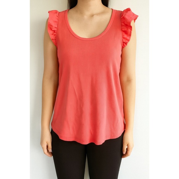 Old Navy Womens Tank Top Large Pink Ribbed Knit Ruffle Sleeves Sleeveless Casual - Picture 1 of 5